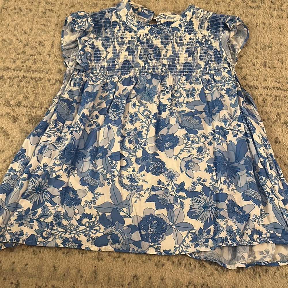 The Pants Store Blue and White Floral Smocked Flutter Sleeve Blouse